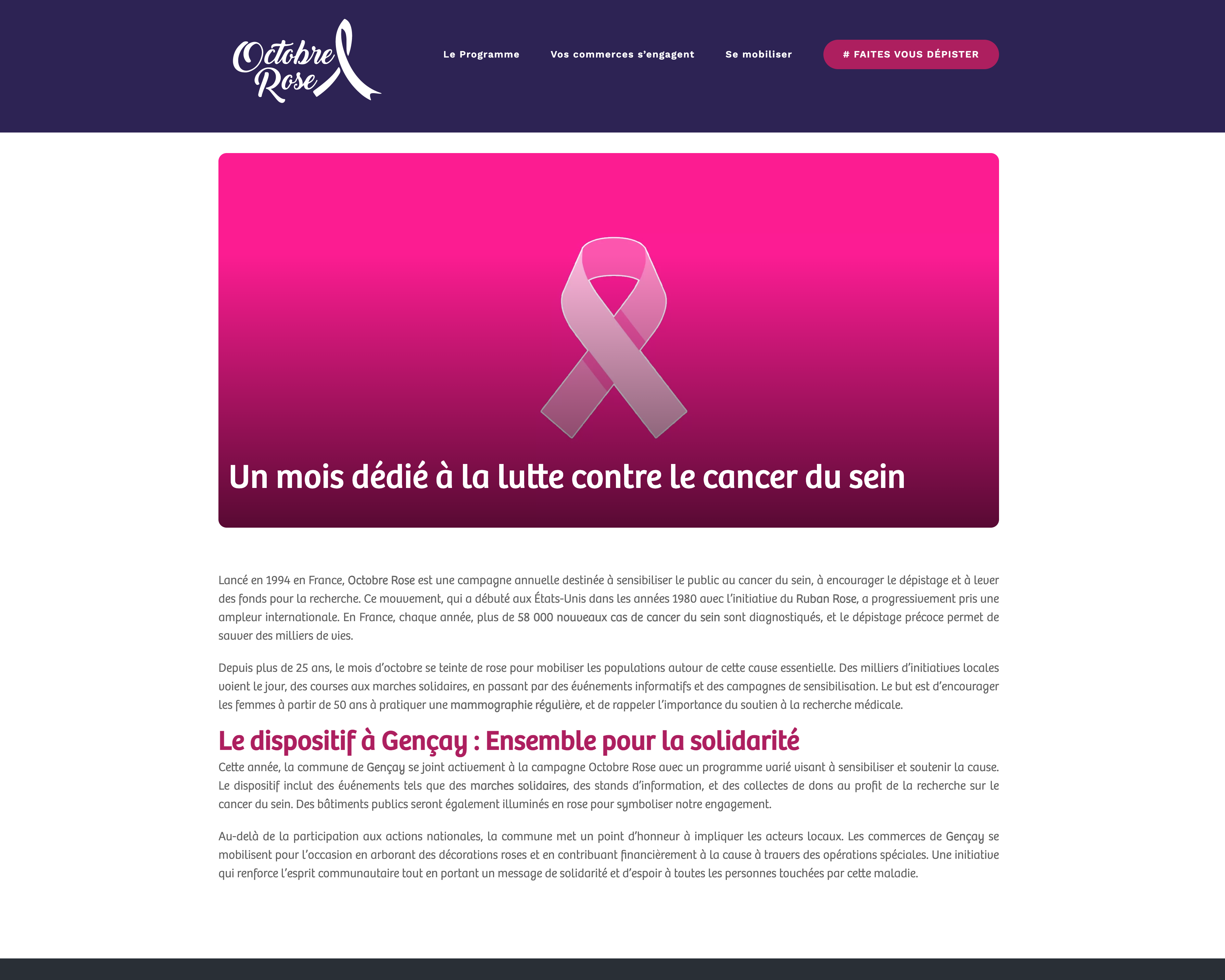 Capture d'écran du projet Octobre Rose à Gençay - Site événementiel pour sensibiliser au dépistage du cancer du sein